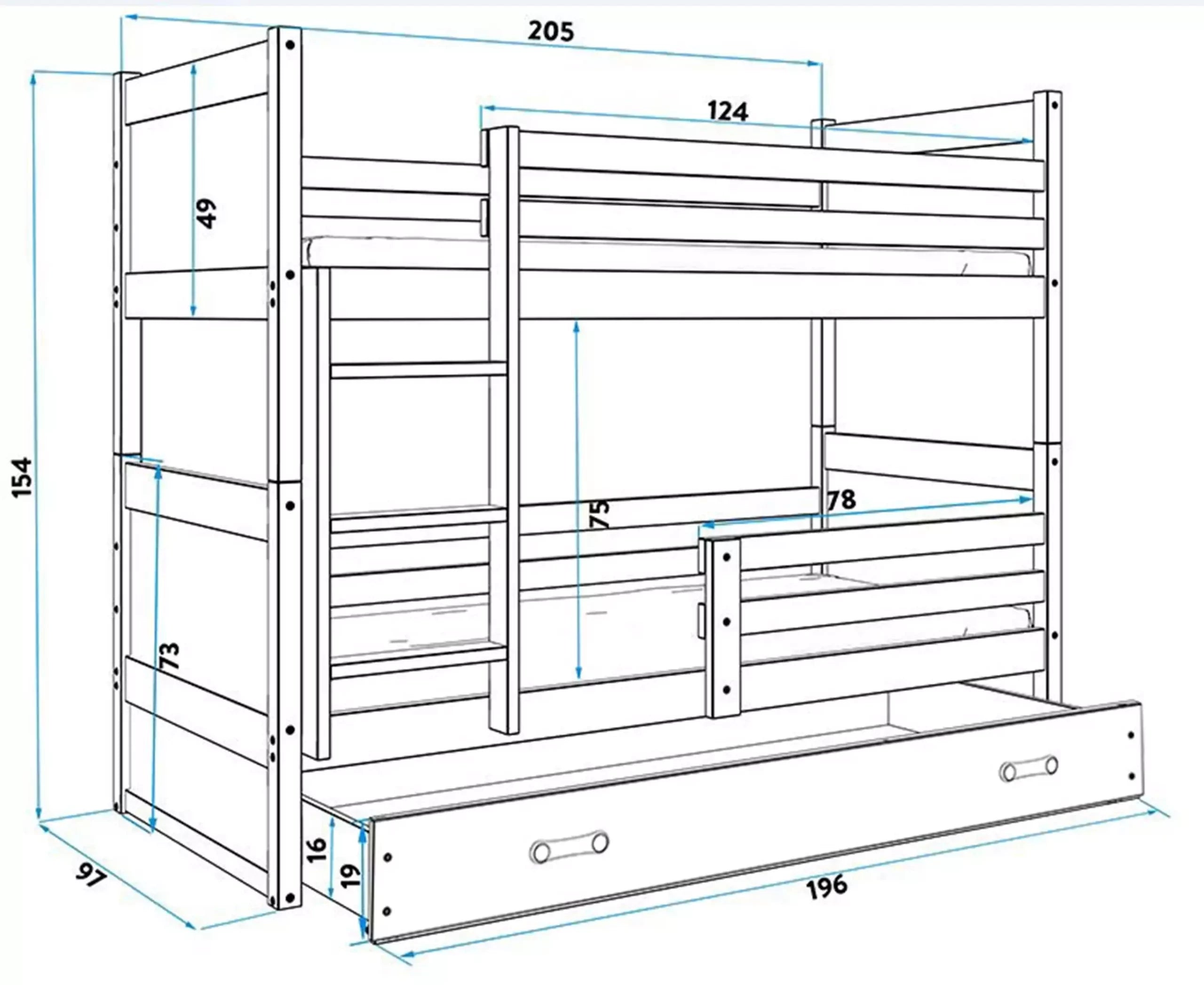 Krevet BMS Rico na kat + ladica 200x90 cm, GRF plava