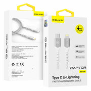 BLAVEC RAPTOR OPLETENI KABEL – TYPE- C NA LIGHTNING – PD 20W 2.4A 3m bijelo-srebrni
