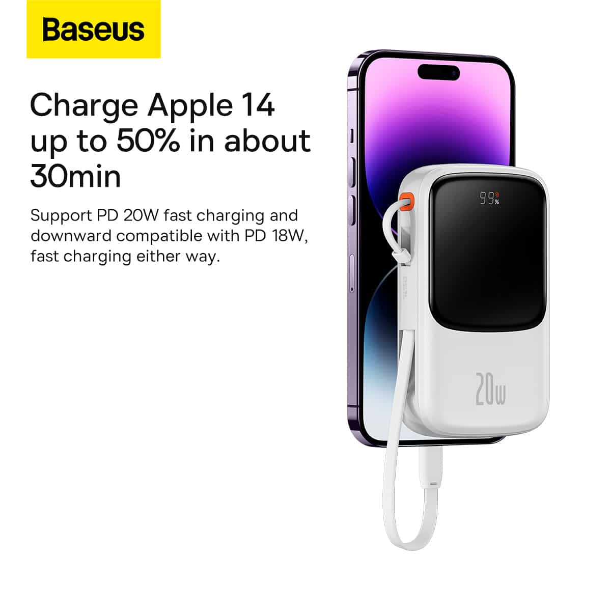 BASEUS POWER BANK 10000MAH QPOW PRO - USB + TYPE C - PD 20W SA LIGHTNING KABELOM BIJELI