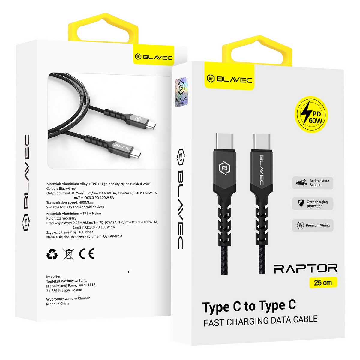 Blavec kabel Raptor pleteni - Tip C na Tip C - PD 60W 3A 25 cm Apple CarPlay/Android Auto